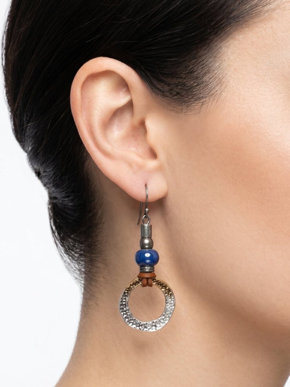 *Blue Glass Beads and Silver Circle Boho Bohemian Earrings